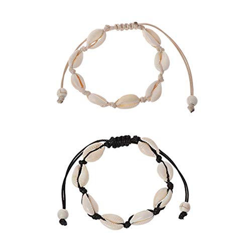 Yolistar 2 Piezas Conchas Pulseras, Handmade Hawaiian Beach Seashell Jewelry Pulseras únicas de Moda, Natural a Mano Pulsera Ajustables, Mujeres (1 Cuerdas Negro, 1 Cuerdas Blanco)