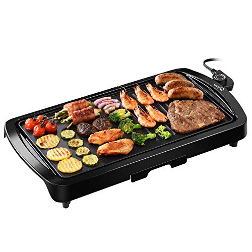 IKICH Plancha de Asar Eléctrica, 2-en-1 1800W sin Humo Potente Parrilla Eléctrica Antiadherente Mejorada,Temperatura Ajustable y Bandeja de Goteo para Interiores, Exteriores, Camping (22_cm)