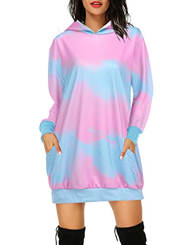 Auxo Mujer Sudadera con Capucha Talla Grande Sudadera Vestido Manga Larga Casual Tie Dye Hoodie Jersey Larga Rosado S