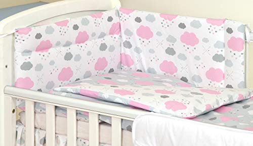 3 Piezas Set de Ropa Protector Chichonera para cuna Pink Clouds 140 x 70 cm Nubes Grises Rosadas Maxi infantiles cama Algodón