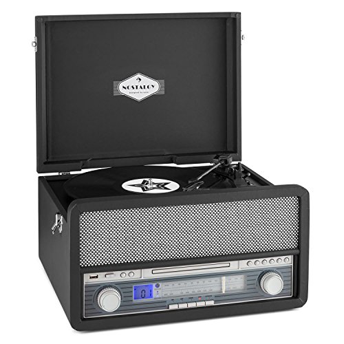 auna Belle Epoque 1907 - estéreo, Tocadiscos, máx. 78 RPM, Bluetooth, Radio, Receptor FM/Am, digitalización, Reproductor de CD, MP3, pletina de Cassette, Puerto USB, AUX, Negro