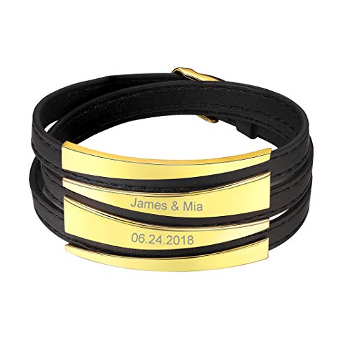 GoldChic Jewelry Pulsera Minimalista con Hebilla Ajustable, Pulera de Cuero Genuino Negro, Acero Inoxidable con baño de Oro, Gratis Caja de Regalo, Servicio Personalizar