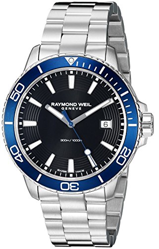 Raymond Weil 'Tango 300' Reloj de buceo de cuarzo de acero inoxidable para hombre, color: plata; color de la esfera: negro (modelo: 8260-ST3-20001)