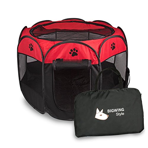 BIGWING Style Parque Mascota de Juego Entrenamiento Dormitorio Perro Gato Conejo Octágono Plegable Lavable Durable 73x 73x 43 CM, Negro y Rojo