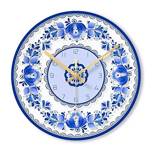 LALLing Reloj de Pared clásico Chino Porcelana Azul y Blanca Relojes de Pared Decorativos para el hogar Relojes Redondos de Cuarzo Reloj de Pared de Vidrio