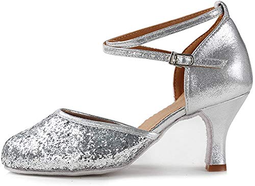 HIPPOSEUS Zapatos de Baile de Lentejuelas de Plata para Mujer con Dedos Cerrados Zapatos de Baile de práctica Zapatos de Baile de Boda estándar, Modelo WX-CL, Plata Color,EU 37/4.5 UK