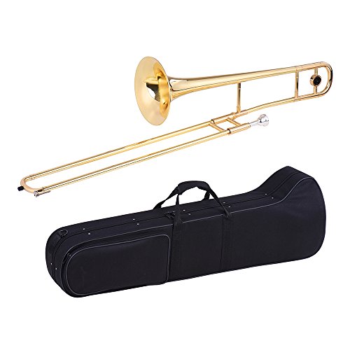 ammoon Tenor Trombone Brass Gold Lacquer Bb Tone B flat with Cupronickel Mouthpiece Cleaning Stick Gloves Case