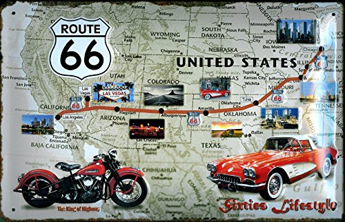 Ruta 66 EE.UU. Carretera Map Coche Moto Antigua Garaje 3D Metal/Cartel De Acero Para Pared - 30 x 20 cm