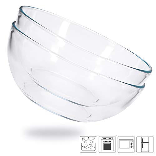 Cuencos de Cocina de Vidrio, Fuente de Ensalada Prémium, Juego de 2 Recipientes de Vidrio Templado para Mezclar Cereales, 20 cm de Diámetro