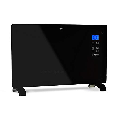 Klarstein Norderney - Calefactor-convector, 2 niveles, Protección IP24, Termostato, Sensor temperatura, Detector heladas, Suelo/Pared, Panel cristal, Pantalla LCD, Control táctil, 2.000 W, Negro