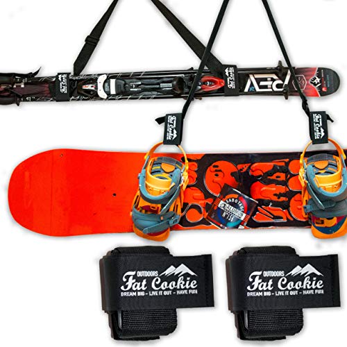 Fat Cookie Outdoors - Correa para Transportar Tablas de Snowboard, esquís y Bastones Par de Correas de esquí con Correa de Hombro Ajustable para niños, Hombres y Mujeres. Juego de 2 Unidades