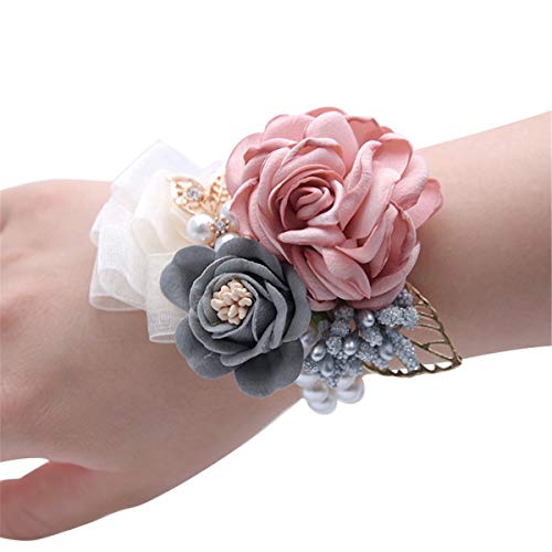 Juego con pulsera ramillete de rosas y de diamante con cinta flor baile de boda (Rosa)