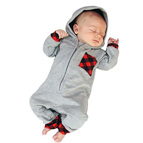 K-youth Ropa Bebe Recien Nacido, Niño Bebé Mono con Capucha Enrejado Impresión Ropa Manga Larga Bebé Mamelucos Bebé Unisex Ropa de Mono (Gris, 90(6-12 Meses))