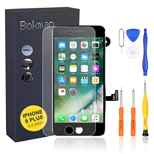 bokman LCD Pantalla para iPhone 8 Plus Reemplazo de Pantalla LCD con Cámara Frontal, Sensor Flex, Altavoz Auricular y Herramientas de Reparación(Negro)