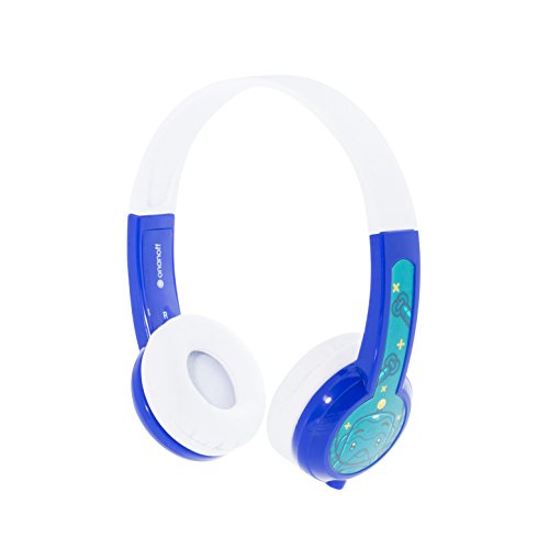ONANOFF BuddyPhones Explore Non-Foldable, Volume-Limiting Kids Headphones, Built-In Audio Sharing Cable with In-Line Mic, Compatible with Fire, iPad, iPhone, and Android Devices, Blue