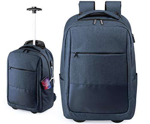 MKTOSASA - Mochila Trolley con Ruedas en Poliéster 300D. Puerto de Carga USB, Bolsillos Acolchados para Portátiles/Tabletas, Accesorio Cubre Ruedas y Espalda y Cintas de Hombros Acolchadas