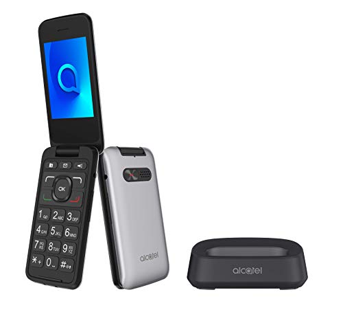 Alcatel 3026 - Teléfono móvil de fácil uso con tapa y base para cargar, botón SOS, Cámara 2MP con flash, teclas grandes, Plateado