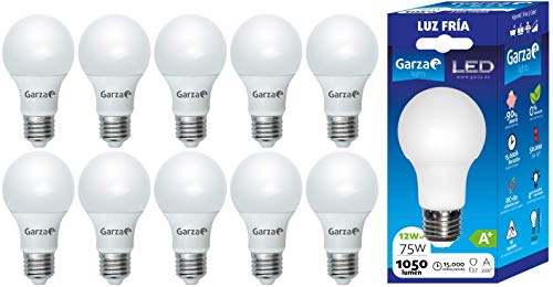 Garza ® – Bombilla LED de bajo consumo estandar A60 E27 de 1060LM y 12W de potencia equivalente a 75W y temperatura blanco frío 6.500K 15.000H duración - Pack 10 bombillas