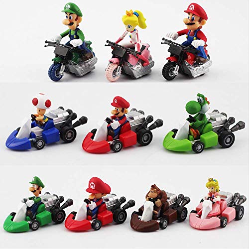 Therfk 10 Unids / Set Super Mario Bros Kart Pull Back Cars 4-6Cm, Luigi Yoshi Toad Princess Peach Donkey Kong Mini Cars Regalo para Niños