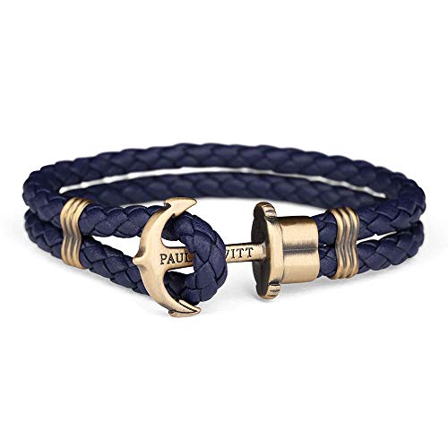 Paul Hewitt Pulsera para Hombre PHREP - Pulsera de Cuero Azul Marino con Ancla, Brazalete de Hombre con Cuerda de Vela y Ancla, Accesorio de Acero Inoxidable de Color latón