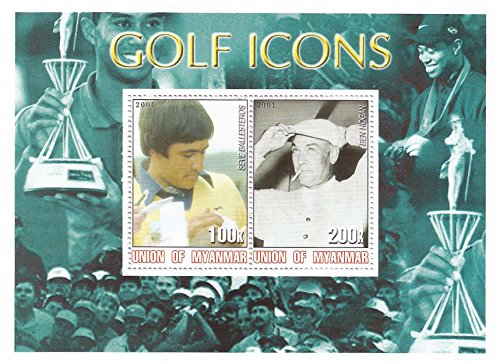 Stampbank Golf Iconos hoja de sellos con 2 sellos dedicados Seve Ballesteros y Ben Hogan - Mint - 2001 / Myanmar