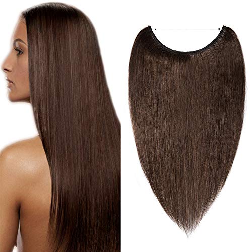 16" Extensiones de Cabello Natural con Hilo Invisible Sin Clip 100% Remy Pelo Natural Humano Una Pieza Liso Ajuatable Hair Extensions [40cm,60g,#4 Castaño Chocolate]