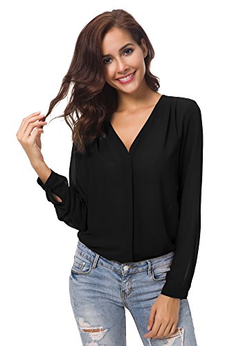 Urban GoCo Blusa de Gasa con Escote en V Mangas Largas y el Dobladillo en el Hombro para Mujeres (S, Negro)