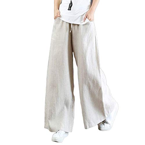 Pantalones de Lino de Pierna Ancha para Mujer Pantalones de Cintura elástica con cordón Pantalón de Mujer Sección Delgada de Verano con Bolsillos Pantalones Lounge