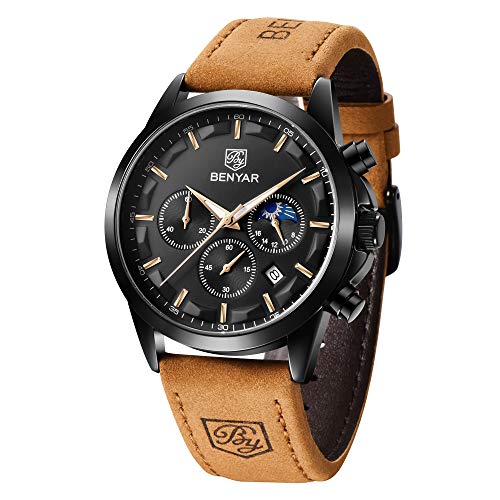 BENYAR Cronógrafo de Cuero de Moda Relojes Impermeables de Acero Inoxidable Mapa Diseño Deportivo Reloj de Pulsera Deportivo Casual para Hombre