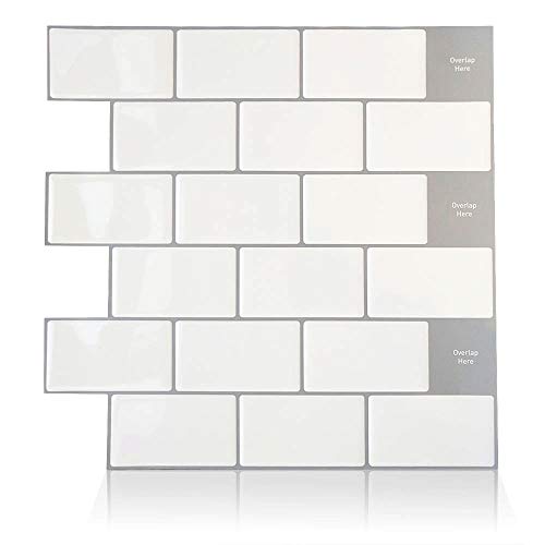 ENCOFT 6 Piezas 12 Pulgadas Pegatinas de Baldosas Impermeable 3D Efecto Pegatinas de Azulejos Autoadhesivo Adhesivo para Azulejos para Cocina Baño Crema Blanco