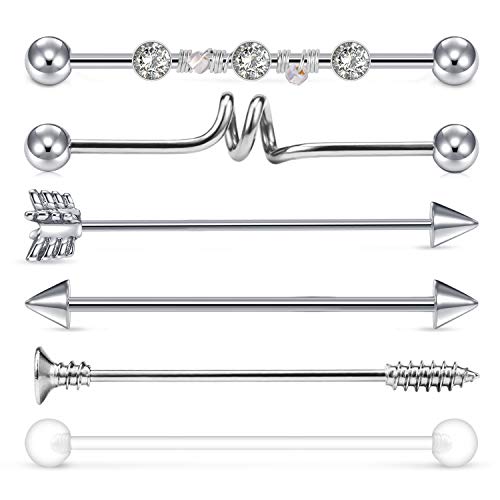 LAURITAMI 6pcs Piercing Industrial Diamante 38mm Barra Larga Oreja Pendientes Acero Quirúrgico 14G Cartílago Cristal Retenedor Joyas