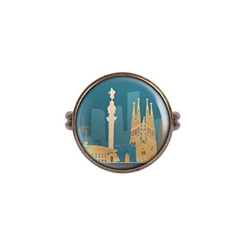 Mylery Anillo con Motivo Skyline Barcelona España Sagrada Familia Madonnina Bronce 16mm