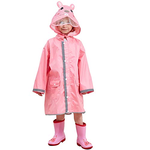 LIVACASA Chubasquero Chaqueta Lluvia Niño Impermeable Capa de Lluvia Grande Sombrero con para Seguridad con Advertencia Reflectantes Viaje Vacaciones Rosa Talla M