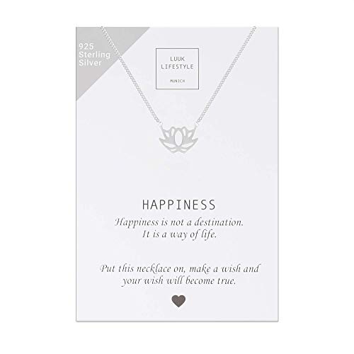 LUUK LIFESTYLE Collar de plata de ley 925 con colgante de flor de loto y cita Happiness, joya de mujer, tarjeta de regalo, amuleto, plata