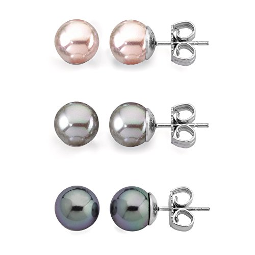 Majorica - 3 pares de pendientes, 8 mm ronda rosa, nuage y perlas grises