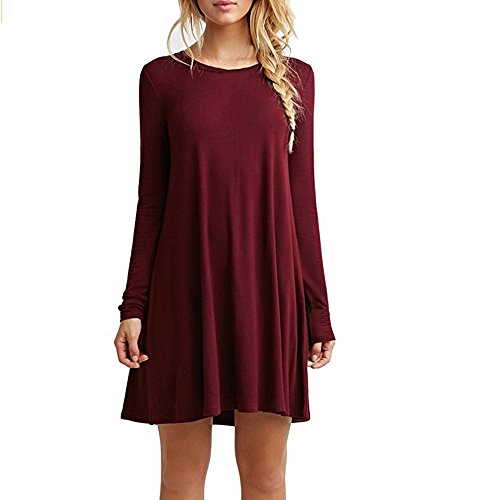 ZNYSTAR - Vestido holgado e informal de manga corta para mujer, estilo camiseta, para primavera, verano u otoño Vino de manga larga roja. S