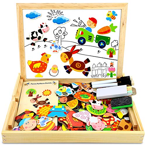 COOLJOY 100+PCS Puzzles de Madera Magnético, Puzzles Rompecabezas Magnéticos de Madera, Tablero de Dibujo de Doble Cara Juguete Educativo para Niños Niñas Mayores de 3 Años con Funda de Tiza