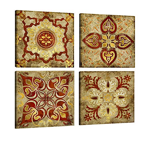 VIIVEI 4 Unidades Lienzo Arte de la Pared Retro Estilo Marroquí Oro India Patrón de Decoración Nacional para el hogar decoración Lienzo Pintura Cuadros para Dormitorio Decoraciones de Lona