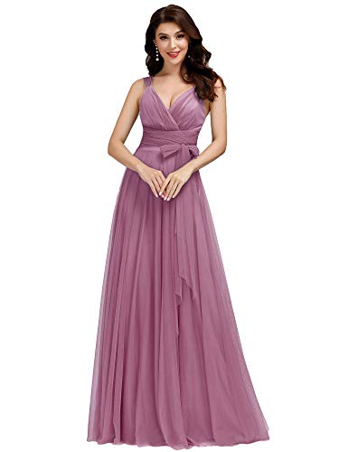 Ever-Pretty Vestido de Gala Cuello en V Tul sin Mangas Corte Imperio A-línea para Mujer Orquídea 36