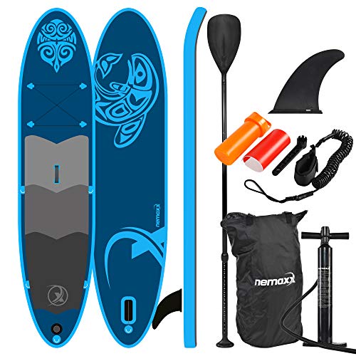 Nemaxx PB330 Tabla de Paddle Surf Sup 330x76x15cm, Azul - - Tabla de Paddle Board - Tabla de Surf - Hinchable con Mochila, remos, Aletas, Bomba de Aire, Kit de reparación