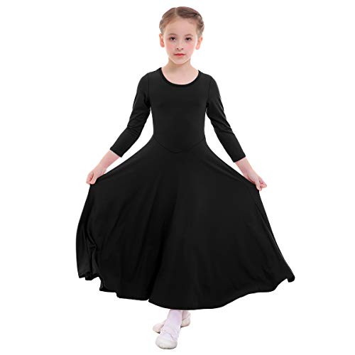 IWEMEK Niñas Vestido adoración Danza Vestido de Alabanza Iglesia Litúrgico Disfraces de Baile para Chicas Manga Larga Color Sólido Flamenco Maillot Vestido de Fiesta Negro 11-12 años