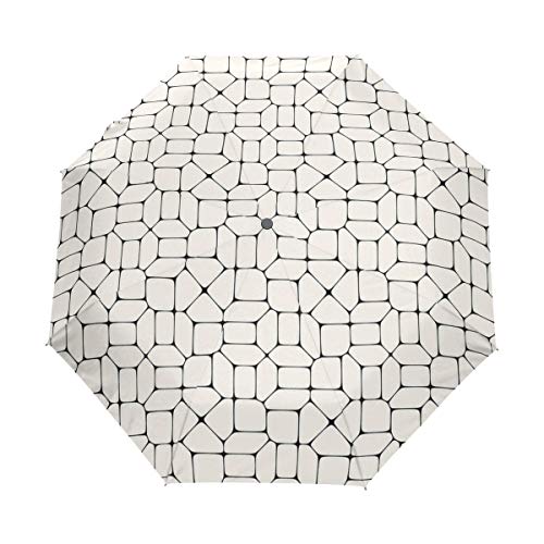 SUHETI Paraguas automático de Apertura/Cierre,Pavimento de Mosaico en Blanco y Negro Azulejos Ladrillo Diseño de tracería Conceptual Moderno,Paraguas pequeño Plegable a Prueba de Viento, Impermeable