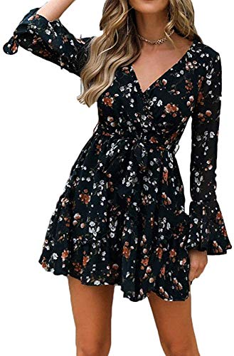 Vestido de Cóctel de Verano para Mujer con Mangas Largas A-línea de Cuello en V Estampado Floral con Cinturón de Cintura Alta (Negro, S)