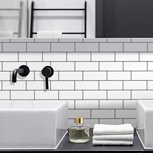 WALPLUS Londres Minimalista Brillante Metro Blanco 12 Hojas Brillante 3D Azulejo Adhesivos de Pared Posterior Vinilo Adhesivo Azulejos Backsplash Peel and Stick Cocina Baño Decoración Azulejo Pintura