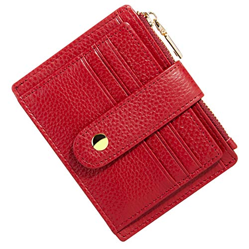 BTNEEU Hombre Mujer Cuero RFID Tarjetero para Tarjetas de Credito, Billetera Minimalista Piel Cartera Pequeña Cuero con Monedero, Mini Monedero Tarjetero Slim Piel con 9 Ranuras para Tarjetas (Rojo)