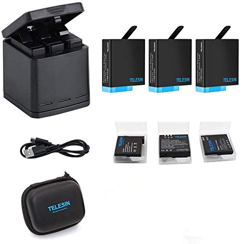 TELESIN Triple Charger Battery Set-Charging Box + 3 baterías con estuches de almacenamiento, cubierta de lente de la cámara, y lente Film 6 en 1 Kit de accesorios para GoPro Hero8 black/Hero7/Hero 6/5