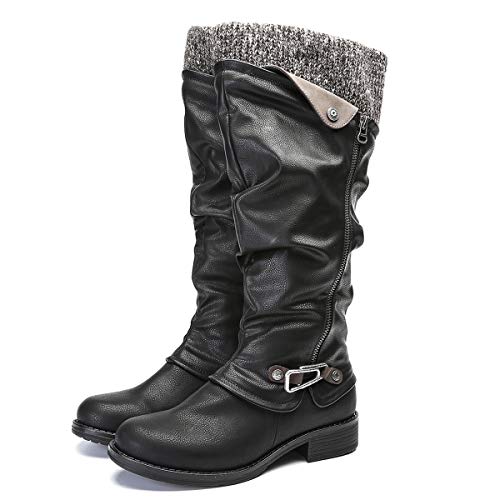 gracosy Botas de Mujer Otoño Invierno 2020 Tacon Bajo Zapatos Largas Botas Forrado de Piel Antideslizante Cómodo Cremallera Hebilla,Negro Marrón Gris