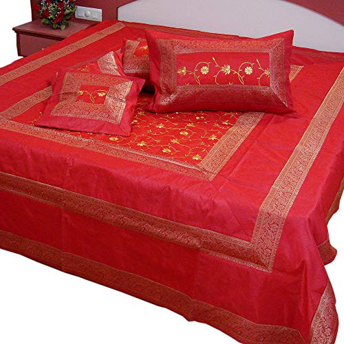 Marusthali Sábana India Banarasi Colcha Diseñador Bordado Seda Brocade Trabajo - Seda Pura con Fundas de cojín (Rojo)