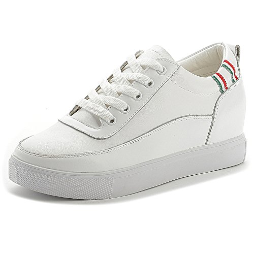 Shenn Mujer Oculto Cuña tacón Ata para Arriba Comodidad Cuero Zapatillas SN2528(Blanco,EU38)