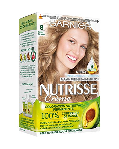 Garnier Nutrisse Creme Coloración Nutritiva Permanente, Tinte 100% Cobertura de Canas con Mascarilla Nutritiva de 4 Aceites - Tono 8 Rubio Claro